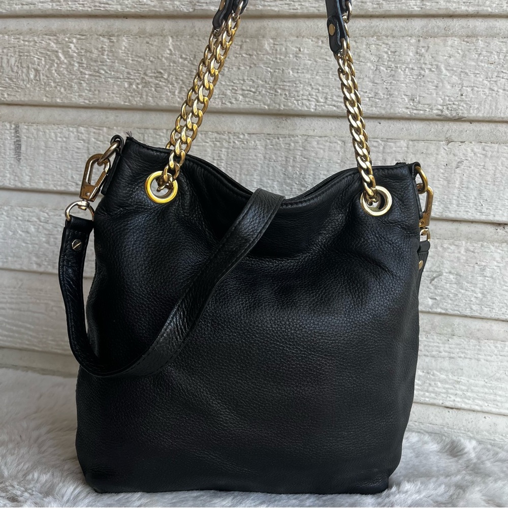 MICHAEL KORS Black Leather Chain Tote Crossbody Handbag